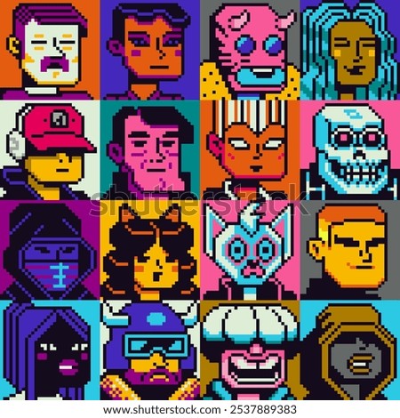 Pixel art people character set, man, woman, girl, guy, avatar, social net portrait, profile picture. Design of 80s. Game assets. 8-bit. Isolated vector illustration background.