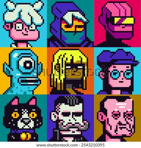 Pixel art people character set, man, woman, girl, guy, avatar, social net portrait, profile picture. Design of 80s. Game assets. 8-bit. Isolated vector illustration background.