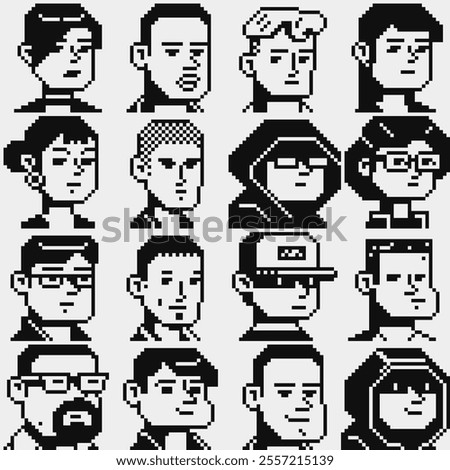 Pixel art people character set, man, woman, girl, guy, avatar, social net portrait, profile picture. Design of 80s. Game assets. 1-bit. Isolated vector illustration background.