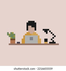 Pixel art. People and computer front view