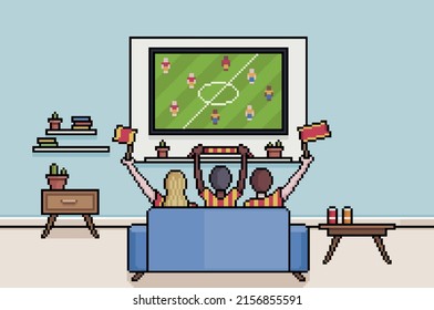 Pixel art people and fans watching football on the living room TV. 8bit background of people watching soccer world cup
