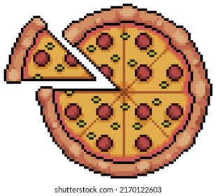 Pixel art pepperoni pizza with separate slice vector icon for 8bit game on white background
