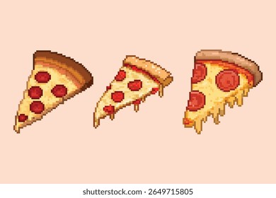 Pixel Art Pepperoni Pizza Slice Set Retro Food Icon. A set of delicious 8-bit style pixel art pepperoni pizza slices.