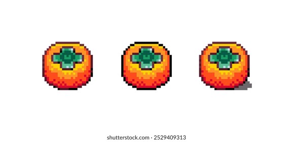 Pixel Art Persimmon Icon Vector Illustration. Orange exotic Fruit Graphic Isolated Sticker. Retro 8 Bit Red Persimmon for Video Game, Mobile, Web. Food Digital Element. Digital Art Asset