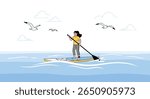 Pixel art person standing paddleboarding across calm ocean waters under a cloudy sky with seagulls flying above