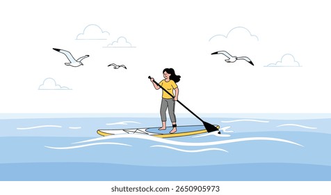 Pixel art person standing paddleboarding across calm ocean waters under a cloudy sky with seagulls flying above
