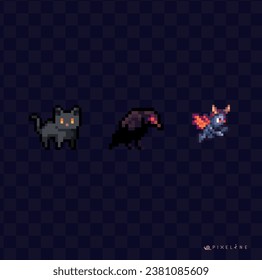 Pixel art pet black cat raven bird devil fantasy halloween witch witchy wizard familiar card game elements sorcerer yellow eyes