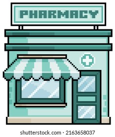 Pixel art pharmacy facade
with awning vector build for 8bit game on white background