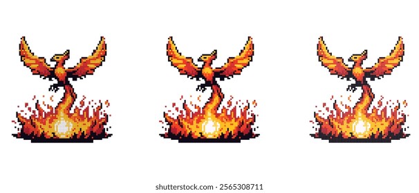 Pixel art phoenix rising from flames with vibrant orange and yellow colors symbolizing rebirth and strength