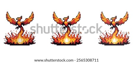 Pixel art phoenix rising from flames with vibrant orange and yellow colors symbolizing rebirth and strength