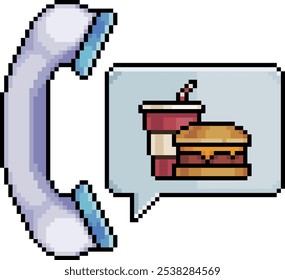 Arte del pixel del teléfono con el icono de la hamburguesa y de la soda dentro de la burbuja del discurso, indicando un servicio de entrega de la comida, icono del teléfono en estilo de 8 pedazos en el fondo blanco