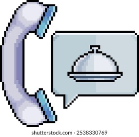 Pixel art of phone with a food tray symbol indicating a meal delivery service, phone icon in 8 bit style on white background