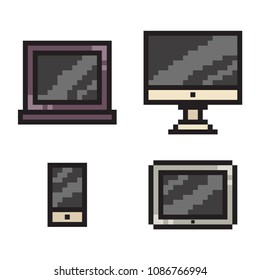 Pixel Art Phone, Laptop, Tablet And Computer. Vector 8 Bit Game Web Icon Set Isolated On White Background.