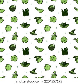 Pixel art phosphoric Halloween seamless pattern. 8-bit witch, ghost, pumpkin, bat, night cat and other characters in retro computer game style. Cute endless cartoon background for Halloween design