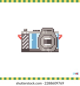 Pixel art photo camera icon. Vector 8 bit style illustration of sir camera. Decorative travel tech element of retro video game computer graphic for game asset, sprite, sticker or web.