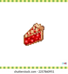 Pixel art piece of cake icon. Vector 8 bit style illustration of sweet dessert slice of pie. Cute decorative food element of retro video game computer graphic for game asset, sprite, sticker or web.
