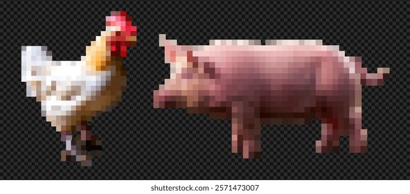 Pixel art of a pig and chicken. Cute and funny domestic creatures in retro game style with cartoonish details and agricultural themes for posters and illustrations. At the transparent bg as a png