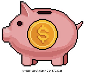 Pixel Art Piggy Bank With Coin Vector Icon For 8bit Game On White Background
 
