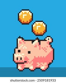 Pixel art piggy bank with gold coin retro illustration. Saving money concept. Pixelated illustration of pink pig with golden coin.