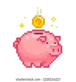 Pixel Art Piggy Bank icon in retro video game style - editable vector
