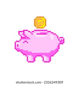  Pixel Art Piggy Bank icon in retro video game style - editable vector