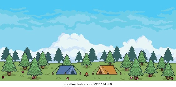 Pixel art pine forest camping landscape with tents and campfire 8 bit game background
