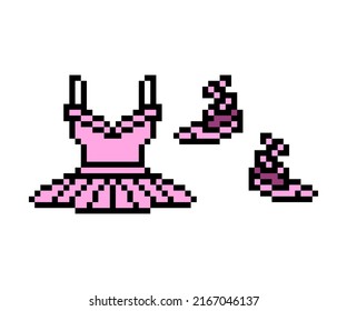 Pixel art pink ballerina tutu dress and pointe shoes isolated on white background. Set of 8 bit ballet dancer outfit icons. Old school retro 80's- 90's slot machine, computer, video game graphics.