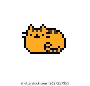 Pixel art of pink cat lying on white background. animal pixel art, cat, pet.