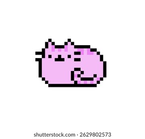 Pixel art of pink cat lying on white background. animal pixel art, cat, pet.