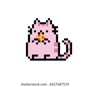 pixel art pink cat pose eating pizza on white background