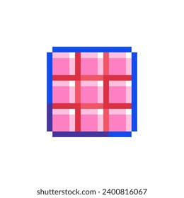 Pixel art Pink Chocolate Icon. Vector Pixel 8bit Square Chocolate Bar. 80s 90s Retro Game Decor For Valentine's Day. Pixelated Sweet Dessert Sticker Illustration on white background.	