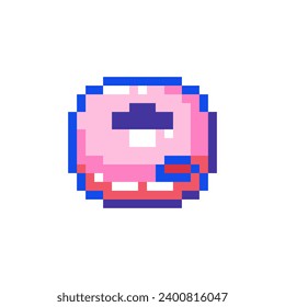 Pixel art Pink Donut Icon. Vector Pixel 8bit Pastry. 80s 90s Retro Game Decor For Valentine's Day. Pixelated Feline Sticker Illustration on white background.	