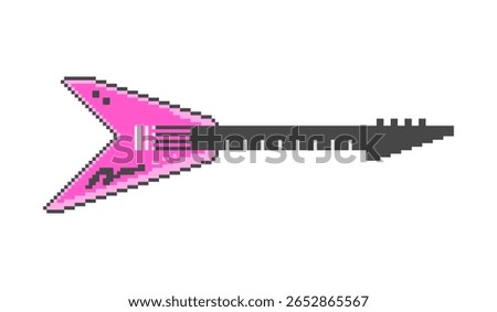 Pixel art pink electric guitar vector illustration.  Game music element. Y2k retro style.