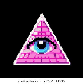 Pixel art of a pink esoteric Eye of Providence in the triangle. 8-Bit illustration for a video game design.