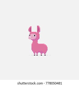 Pixel art pink funky lama on white background