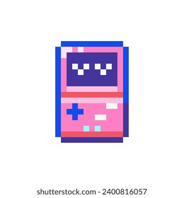 Pixel art Pink Game Console Icon. Vector Pixel 8bit Retro Gaming Handheld Device. 80s 90s Retro Game Pixelated Digital Entertainment System Sticker Illustration on white background.	