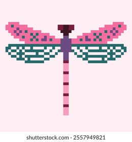 Pixel art of pink and green dragonfly vector