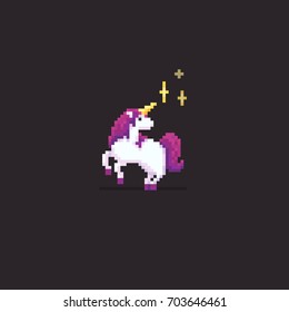 Pixel art pink haired unicorn with magic sparkles isolated on dark background