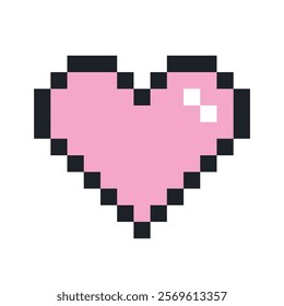 Pixel art pink heart icon with a retro aesthetic design on a black and transparent background