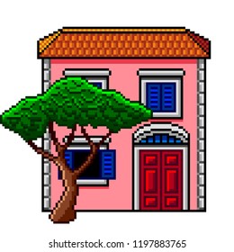 Pixel art pink italian house with stone-pine detailed isolated vector