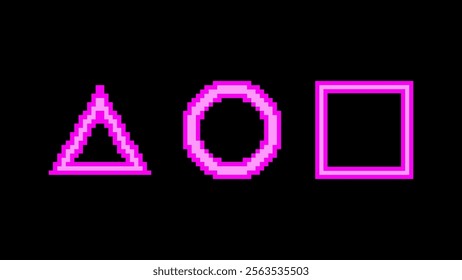 Pixel art pink neon color geometric shapes - circle, triangle, square isolated on black background. Vector illustration in retro video game style