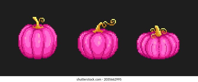 Pixel art pink pumpkins set. Retro 8 bit style vector illustration of pink pumpkins with black background.