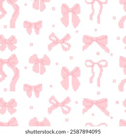 Pixel Art Pink Ribbon Bow. Coquette aesthetic seamless pattern on white background. Trendy playful patterned pixelated backdrop. Mood of 90's aesthetics. 8-bit retro. Vector illustration