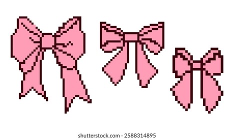 Pixel Art Pink Ribbon Bows Set. Isolated Coquette Vintage Accessory Retro Aesthetics in 8-bit style. Vector illustration. Y2k trendy playful pixelated stickers. Mood of 90's aesthetics