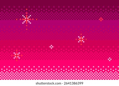 Pixel art pink sky background. 8bit videogame dither texture with stars.