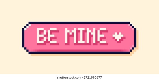 Pixel arte rosa de la burbuja del discurso con las palabras Sé mío y un corazón blanco.
