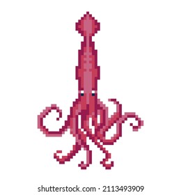 Pixel art pink squid isolated on white background. Aquatic animal with tentacles sprite for 8 bit game. Kraken in vintage gaming style.