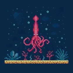 Pixel Art Pink Squid On Seabed Background. Aquatic Animal With Tentacles On Ocean Bottom Landscape With Seaweeds. Deep Sea Cephalopod Creature, 8 Bit Game Location Background.