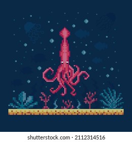 El calamar rosado de Pixel sobre el fondo del mar. Animal acuático con tentáculos en el paisaje oceánico con algas marinas. Criatura de cefalópodo de mar profundo, fondo de la ubicación de 8 bits del juego.