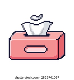 Pixel art pink tissue box with a white paper sheet representing hygiene, cleanliness, personal care, household supplies and cold allergy comfort products.